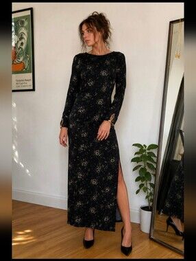 Vintage 90s Black Floral Maxi Dress Side Slit Keyhole Cuff